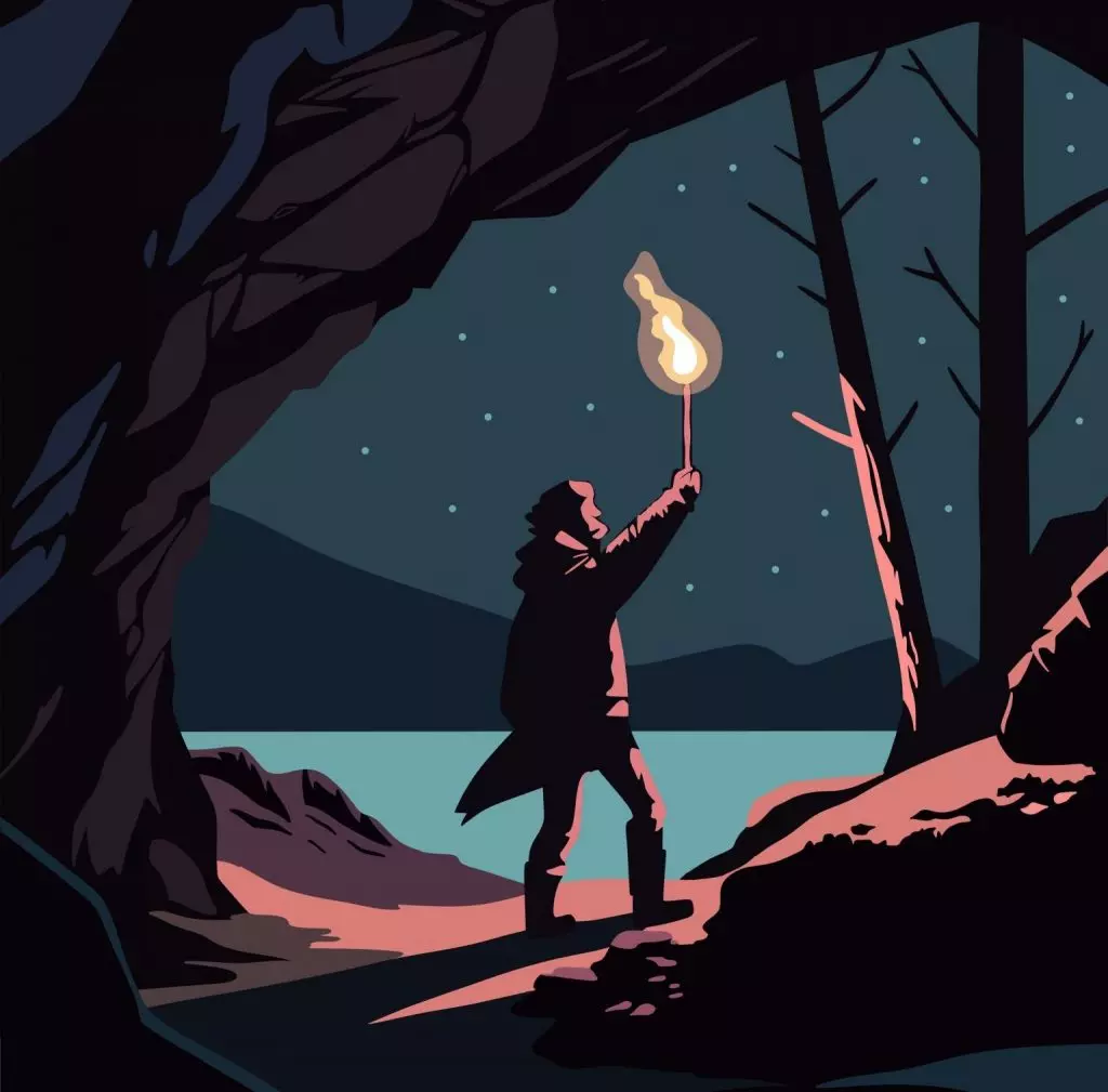 An illustration of a figure standing firm, holding up a torch into the darkness - By Fast Ink.