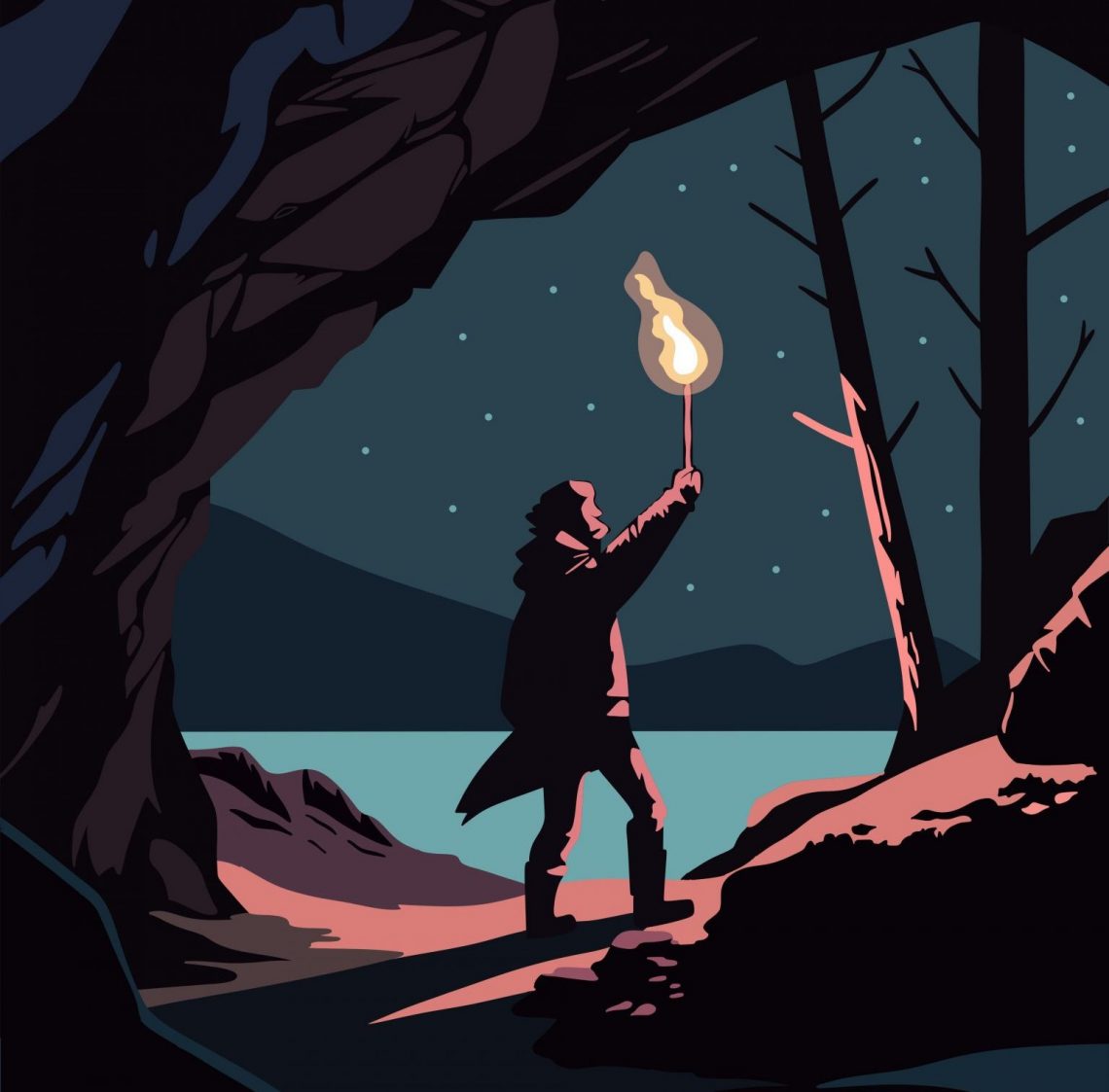 An illustration of a figure standing firm, holding up a torch into the darkness - By Fast Ink.