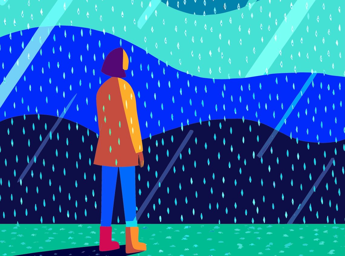 A woman standing still against the wind and the rain, by art-attack.